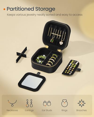 SONGMICS HOME Travel Jewelry Case, Small Jewelry Box Organizer with Mirror, 4.1 x 4.1 x 2.4 Inches, Stitching, Portable, Gift Idea, Ink Black UJBC179B01 - color: Ink Black, size: 4.1"W