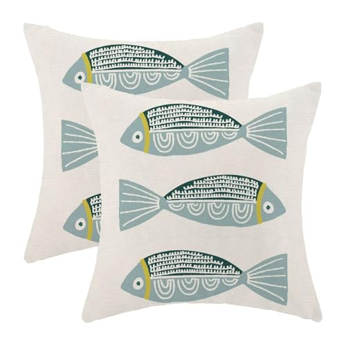 Coastal Ocean Pillow Covers 18x18 Set of 2, Beach Blue Fish Outdoor Decorative Throw Pillows Farmhouse Linen Summer Cushion Case for Home Couch Sofa Decor - color: Fish2, size: 18" x 18" (Pack of 1)