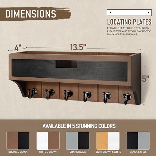 Rebee Vision Pine Wood Key Holder Wall Mount with Drawer Organizer – Decorative Mail Organizer with 6 Key hooks and Wall Shelf - Modern Room Decor for Entryway or Living Room (Brown & Black) - color: Brown & Black, style: 1-Drawer