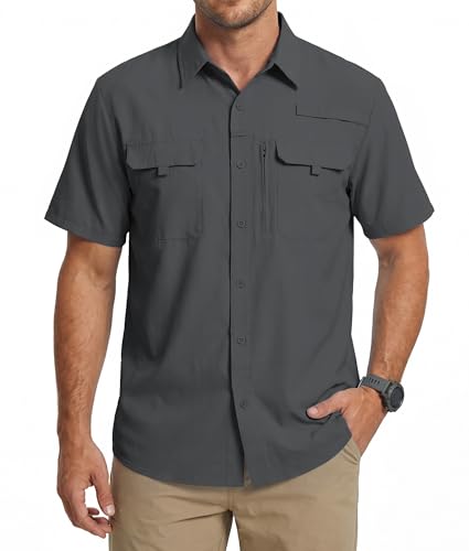 WULFUL Men's Sun Protection Fishing Shirts UPF 50+ Lightweight Quick Dry Cooling Short Sleeve Shirts for Work Hiking Safari - color: Shadow Grey, size: Small