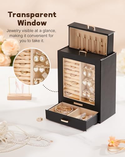 Homde Jewelry Organizer Box for Women Girls Necklaces Rings Earrings Bracelets Storage Case (Black + Gold) - color: Black + Gold