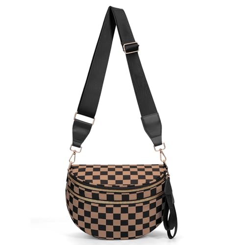 Checkered Crossbody Bum Bags for Women Nylon Checkered Purse Checkerboard Fanny Pack - color: A02-khaki