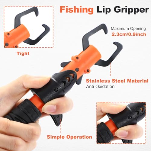 RoundFunny Fish Lip Gripper Pliers, Combo Fishing Tool Kit Stainless Steel Multifunction Hook Remover, Split Ring Pliers with Lanyards Sheath for Fly, Easter Fishing Basket Gift Gear Men Women - color: Orange