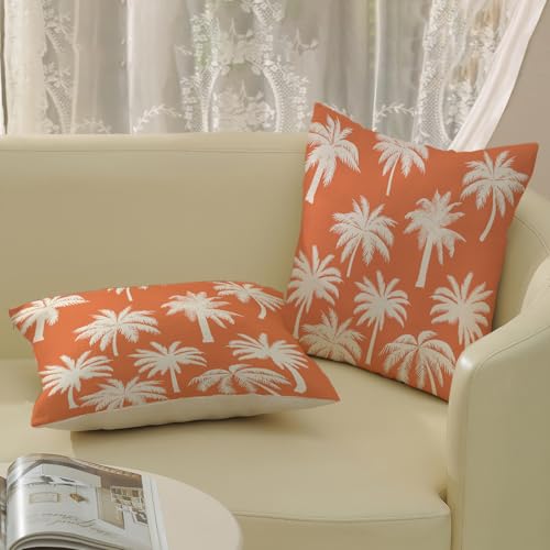 Burnt Orange Palm Tree Pillow Covers 18x18 Inch Set of 2 Vintage Tropical Decorative Pillow Cases Summer Outdoor Cushion Cover Farmhouse Linen Decoration Throw Pillows for Couch Living Room - color: Burnt Orange Palm Tree, size: 18" x 18" (Pack of 2)