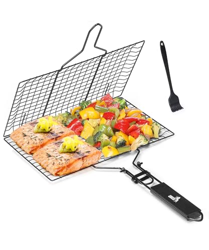 UNCO- BBQ Grill Basket, Folding Portable Stainless Steel BBQ Grill Basket with with Removable Wooden Handle & Basting Brush for Vegetables, Shrimp, Fish, Locking Grilling Basket for Outdoor, Camping - color: Black