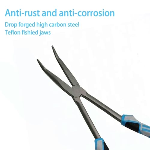 11" Long Nose Fishing Pliers, Straight & Bent Jaws, PTFE Coated Corrosion Resistant, Hook Remover & Braid Cutter Fishing Needle Nose Pliers, Saltwater Freshwater Gear for Bass Snook Trout - color: Blue