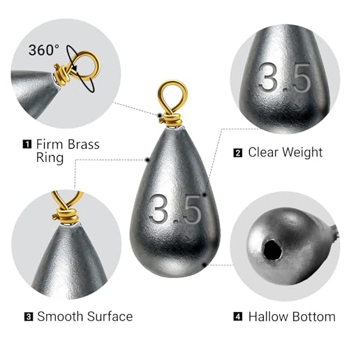 Casting Sinker Weights Assortment, Teardrop Fishing Sinkers with Brass Swivel Loops, 1/8 oz to 3/4 oz, Drop Shot Weights for Bass Catfish, Freshwater Saltwater - color: 40pcs-1/8oz