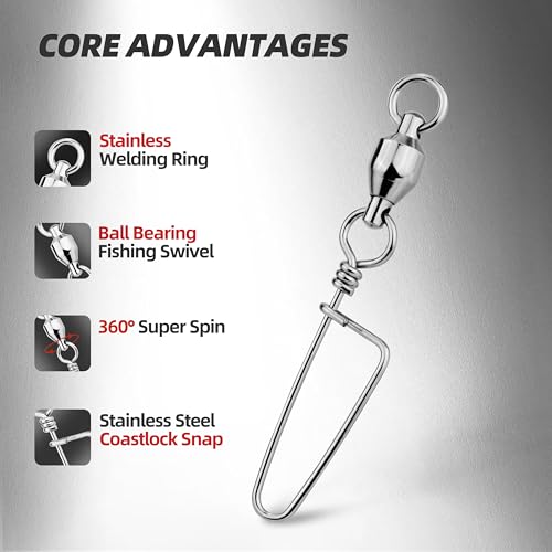 30PCS High Strength Fishing Snap Swivels – Stainless Steel Ball Bearing Barrel Swivels, Corrosion Resistant Fishing Connector Clips for Freshwater and Saltwater - size: 6#