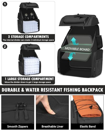 HAMBOLY Fishing Backpack with Tackle Boxes, 50L Fishing Tackle Bag with Cooler & Rod Holders, Waterproof Tackle Bag for Men - color: Black