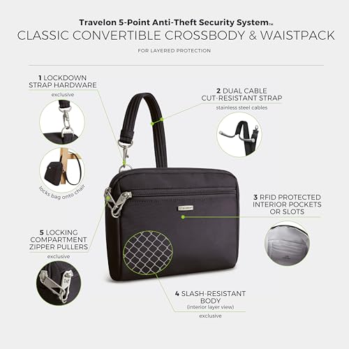 Travelon Anti-Theft Classic Convertible Crossbody & Waist Pack - color: Black