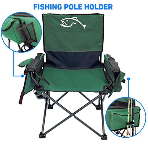 EASYGO PRODUCTS Fishing Chair with Rod Holder – Built in Cooler – Hands Free Fishing Pole Holder - Storage Pouch – Full Size Portable & Folding – Ruler for Measuring Fish, Fishing Chair Green