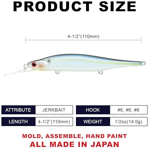LUCKY CRAFT Lightning Pointer 110DD Deep Diver Freshwater Bass Fishing Lures, Jerkbait Suspending Fishing Lure for Bass & Walleye Fish, Long Casting Fish Gear Accessories for Tackle Box, - color: 183 Pearl Threadfin Shad
