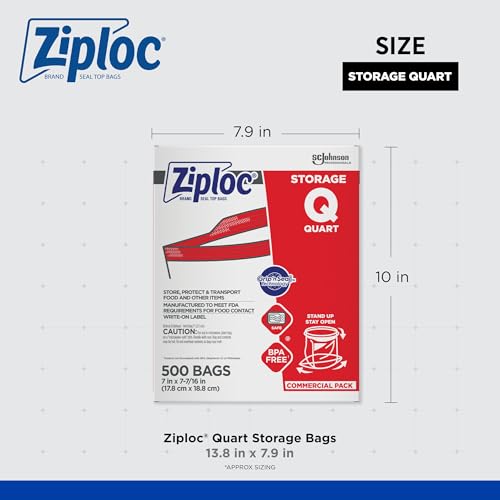 SC Johnson Professional, Ziploc Storage Bags, For Food Organization and Storage, Double Zipper Seal, Easy-Open Tabs Quart, 500 Count - size: 1 Quart