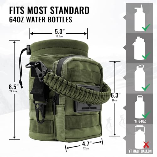 NATURE PIONEOR 32 64 128oz Tactical Water Bottle Pouch, Multi-Function Tactical Water Bottle Bag with Adjustable Shoulder Strap, Half/One Gallon Molle Strap Carrier Holder - color: Green, size: 64OZ