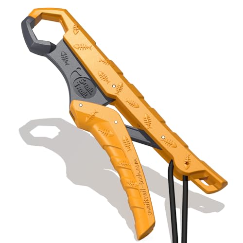 SNAIL TRAIL 7.5''/9'' Floating Fish Gripper, Fishing Grabber, Catfish Mouth Pliers, Caught Bass Holder, Digital Scale Hook Clamp, Saltwater Lip Grip Tool with Lanyard, Gifts for Men, Yellow-Gray - color: Yellow-gray, size: 7.5"