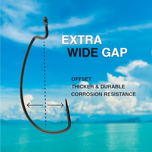 Reaction Tackle Offset EWG Worm Hooks - Super Strong Wide Gap Texas Rig Hooks for Soft Plastic Baits - High Carbon Steel Bass Fishing Hooks (25-Pack) - size: #2/0