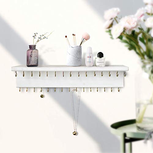 SANY DAYO HOME Jewelry Organizer with 30 Hooks and Cosmetics Shelf, 15 x 3 x 4 inches Wall Mounted Rustic Pine Wood Holder for Necklaces and Bracelets, Suitable for Kids and Adults (Retro White) - color: 30 Hooks Retro White