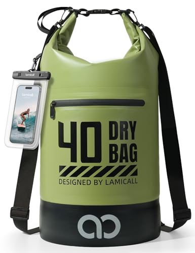 Lamicall Waterproof Dry Bag with Phone Pouch - 5L/10L/20L/30L/40L Floating Roll Top Backpack for Kayaking Boating Beach Camping Fishing - Heavy Duty 500D PVC Marine Dry Sack for Men, Women, Green 40L - color: Olive Green, size: 40L