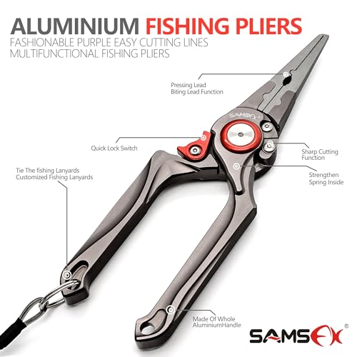 SAMSFX Fishing Pliers, Muti-Function Fly Fishing Tools, 8" Saltwater Resistant Gear Hook Remover Split Ring Tungsten Cutters, with Lanyard & Sheath - color: Red Fishing Pliers with Dehooker