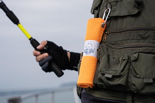 Microfiber Fishing Towels with Clip, Waffle Pattern for Effective Cleaning of Fishing Gears or Dirty Hands, 16” x 16”, Camping Towels, Hiking Towels, Pack of 3 (Orange) - color: Orange
