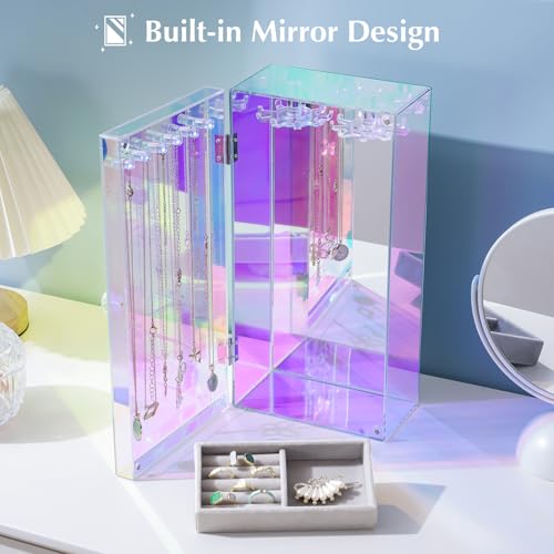 Lolalet Necklace Holder Organizer, Acrylic Jewelry Organizer with 24 Hooks, Rotating Clear Necklaces Display Box with Built-in Mirror, Dust-proof Jewelry Storage Case with Velvet Tray -Lasermirror - color: 3 -Lasermirror