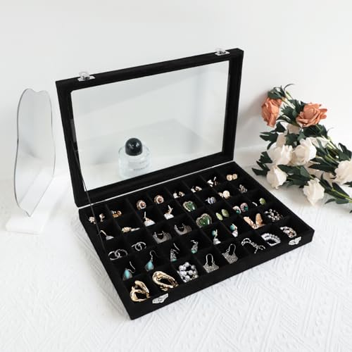 Wudygirl 40 Grid Jewelry Organizer Tray for Earrings Rings Bracelets Storage Necklaces Display Large Jewelry Box with Clear Lid Multiple Compartments Drawer Organization (Black Velvet) - color: Black, size: 40 Grid