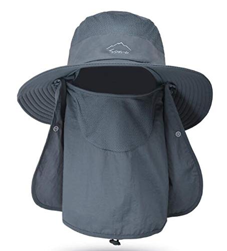 Fishing Hat for Men & Women, Outdoor UV Sun Protection Wide Brim Hat with Face Cover & Neck Flap - color: Dark Grey