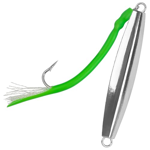 Diamond Jigs Saltwater Fishing Lures,Casting Jigging Spoon with Split Tube Tail Stainless Steel Hook Metal Jig Spoon Baits for Deep Sea Offshore Surf Fishing Bottom Sinking - color: Green-1pc, size: 2oz