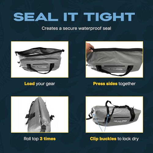 Malo’o Waterproof Dry Duffel, Heavy-Duty Roll Top Waterproof Gear Bag with Shoulder Strap & Molle Loops, Marine Duffel for Kayaking, Boating, Camping, Beach & Travel, Grey, 40L - color: Grey, size: 40L