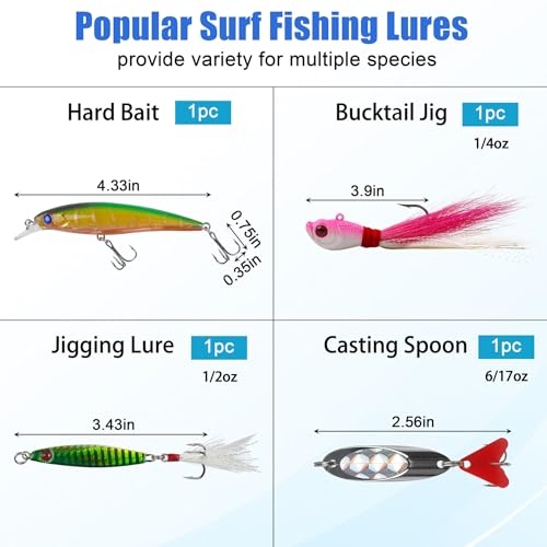 Saltwater Gear Surf Fishing Tackle Kit, Include Saltwater Lures, Pyramid Sinker Weights, Bucktail Jigs, Spoons, Leader Rigs, Catfish Hooks Swivels, Pier Ocean Sea Surf Fishing Freshwater Accessories