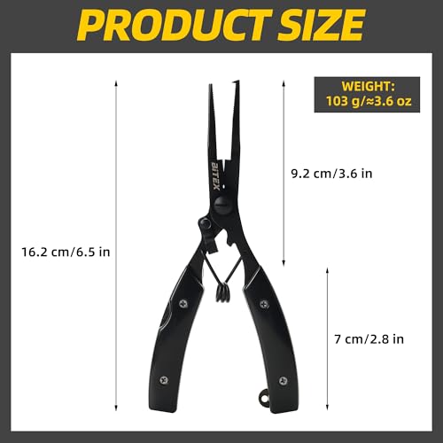BiteX Saltwater Fishing Pliers with Split Ring Tip and Braid Cutter | Titanium-Coated Stainless Steel, Braid Line Cutter, Hook Remover & Knot Tying Tool, One-Hand Operation, Lanyard & Sheath