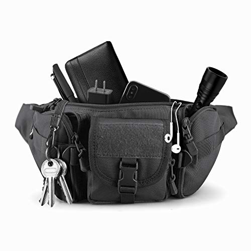 SOWHUP Tactical Fanny Pack,Military Waist Bag Pack with U.S Patch Utility Hip Belt Bumbag for Outdoor Fishing Hiking (Black(5 Zipper Pockets)) - color: Black(5 Zipper Pockets)