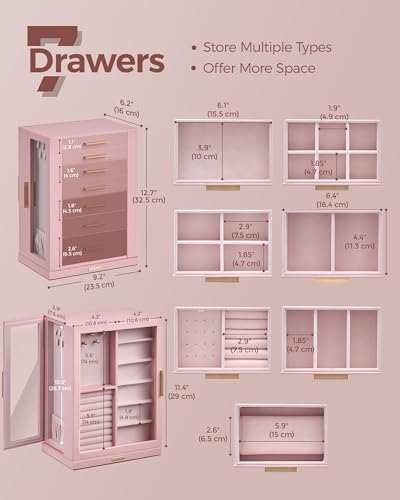 Glimmloop 360° Rotating Jewelry Box with 7 Drawers, Spacious Vertical Jewelry Organizer with Glass Window, Jewelry Storage Case, Dustproof & Moisture-resistant Design, Pink - color: Pink, size: 7 Drawers (6.2"D x 9.2"W x 12.7"H)