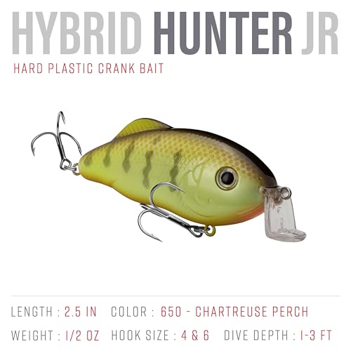 Strike King Hybrid Hunter Shallow Jr. Fishing Lure, Shallow Diving Crankbait, 90-Degree Bill, 3D Eyes, Loud Rattle, Dives 1 to 3-Feet,Size 4 & 6 Treble Hooks - color: Chartreuse Perch, size: 1/2 oz