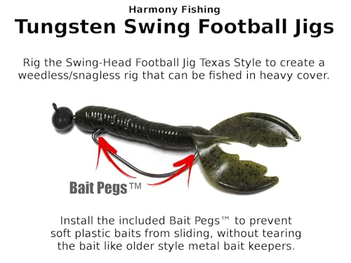 Harmony Fishing - Tungsten Swing Football Jigs [Pack of 3 w/ 10 Bait Pegs] (Swinging Football/Rugby jigs with Hooks for bass Fishing) - size: 3/8 oz, 5/0 Hook (3 Pack)