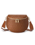 Trendy Woven Checkered Crossbody Bum Bag for Women，PU Leather Checkered Purse Fanny Packs Belt Bag (Woven Bum Bag - Brown Coffee) - color: Woven Bum Bag - Brown Coffee