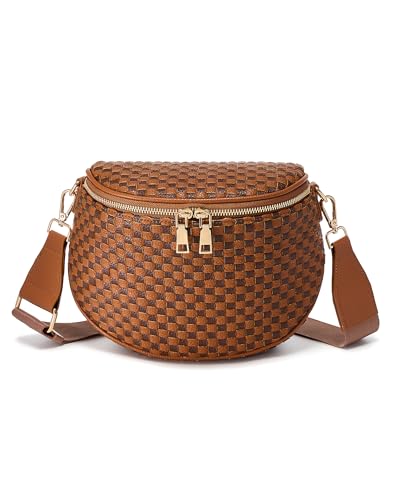 Trendy Woven Checkered Crossbody Bum Bag for Women，PU Leather Checkered Purse Fanny Packs Belt Bag (Woven Bum Bag - Brown Coffee) - color: Woven Bum Bag - Brown Coffee