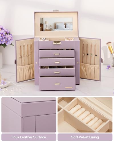 Homde Synthetic Leather Huge Jewelry Box Mirrored Watch Organizer Necklace Ring Earring Storage Lockable Gift Case (Grey Purple + Gold) - color: Grey Purple + Gold