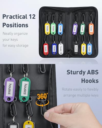 Uniclife Portable Zippered Key Case Waterproof and Fireproof Key Organizer with 12 Colorful Key Tags and Hooks Key Storage Book for Offices Real Estate Agencies Hotels and Rental Management - color: Black, size: 12 Keys