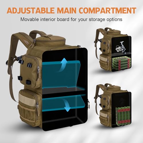 Goture Fishing Backpack, 58L 900D Water-Resistant Insulated Tackle Backpack with Cooler, Rod Holders, 8 Lure Pockets, Detachable Crossbody Bag, Gear Storage Large Fishing Bag for Camping Hiking - color: Khaki