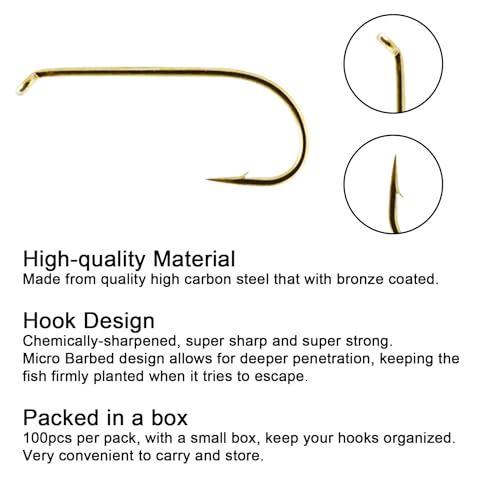Eupheng Fly Fishing Hooks 100pc Pack Micro Barbed High Carbon Steel Bronze Forged for Dry Flies, Curved Nymphs, Shrimp,Caddis Pupa - color: EP FLY-DRY-0001, size: #12