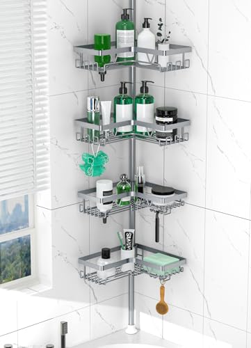 DAOYA Corner Shower Caddy Tension Pole, 4-Tier Rustproof Adjustable Bathroom Organizer for Renters, 25–114.2 Inch for Bathtub Shampoo Storage, Light Gray - color: Light Gray