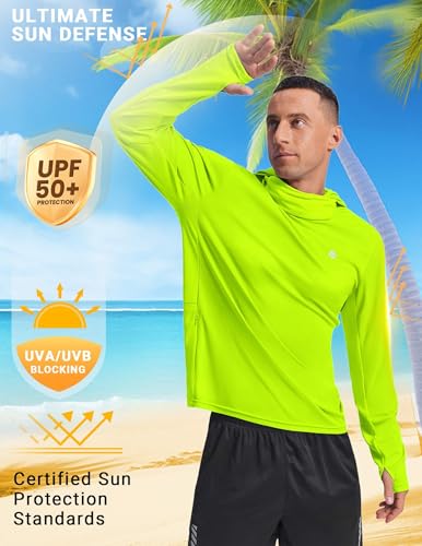 PINSPARK UPF 50+ Sun Protection Hoodie Men with Mask Quick Dry Long Sleeve Fishing Hiking Shirts UV Rash Guard Lightweight - color: Lemon Green, size: Medium