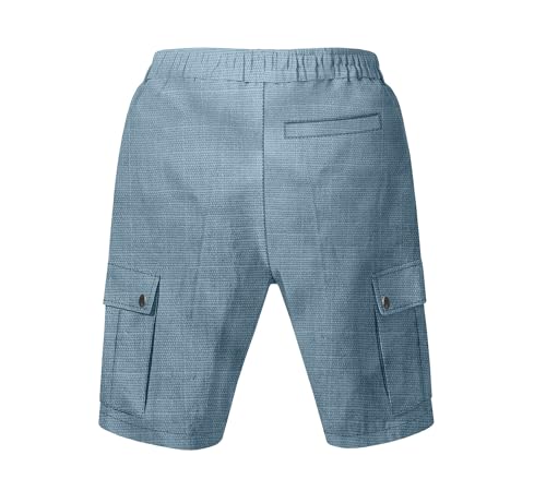 Mens Casual Linen Cargo Shorts Summer Fashion Solid Color Drawstring Elastic Waisted Beach Shorts Pockets - color: Blue, size: Medium
