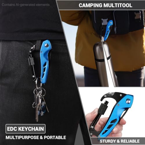 FUNBRO EDC Multitool Carabiner with Knife, Bottle Opener, Window Breaker and Screwdriver, Survival Knives Tools for Men Outdoor Camping (Blue) - color: Blue