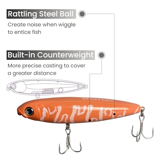 Pristis 3 pcs Topwater Fishing Plopper Lures, Floating Popper Bait Set with Chemically Sharpened Hooks for Saltwater Freshwater, Top Water Plopping Swimbait Teaser for Bass Tuna Perch Pike Crappie - color: Vibrant Harvest Stick Lures
