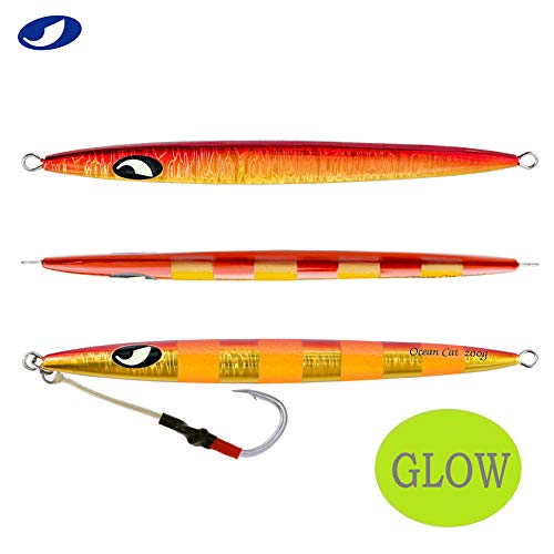 OCEAN CAT Slow Pitch Jig Flat Fall Jig Saltwater Fishing Luers Mental Vertical Jigging Baits with Hooks 5 Colors 4 Weights - color: #011:Red&Gold, size: 17 2/3oz(500g)