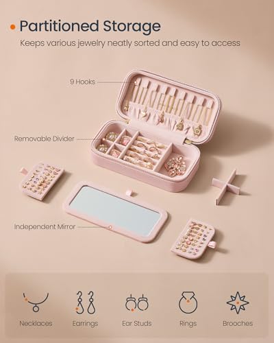 SONGMICS HOME Travel Jewelry Case, Travel Jewelry Box Organizer with Mirror, 4.1 x 8 x 2.4 Inches, Stitching, Portable, Gift Idea, Jelly Pink UJBC180S01 - color: Jelly Pink, size: 8"W