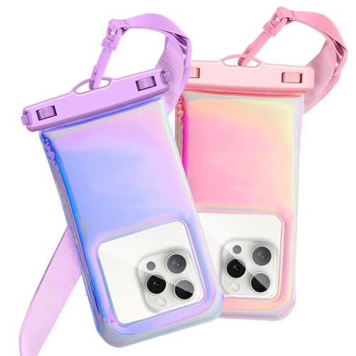 Floatable Waterproof Phone Pouch for iPhone 17 16 Pro Max/15/14/13, IP68 Travel Cellphone Dry Bag Beach Cruise Ship Essentials Bags with Crossbody Lanyard, Iridescent Purple and Pink-7″2 Pax - color: A04-Iridescent Purple and Pink