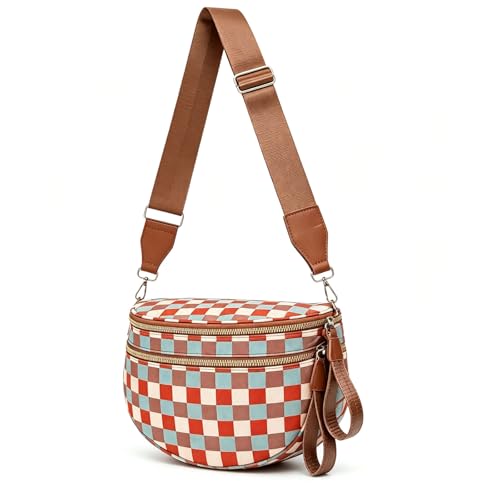 Checkered Crossbody Bum Bags for Women Nylon Checkered Purse Checkerboard Fanny Pack - color: B01-orange Green
